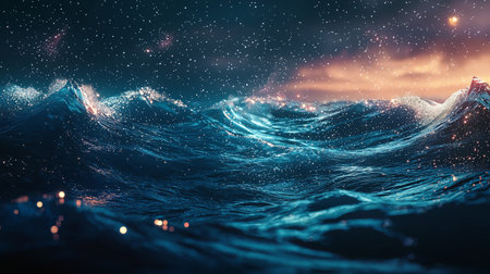 Captivating scene of dynamic ocean waves at dusk, showcasing shimmering water and atmospheric beauty. The interplay of light and dark creates a mesmerizing effect.の素材