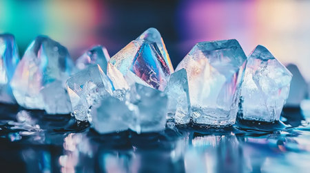 Beautiful close-up of iridescent ice crystals resting on a glossy surface, capturing ambient light and reflections against a vibrant, colorful background.の素材