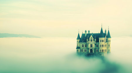 A mesmerizing castle stands majestically above the clouds, creating a dreamy landscape that evokes a sense of mystery and wonder.の素材