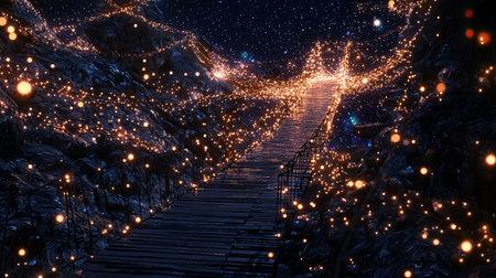 A captivating nighttime scene featuring a wooden pathway adorned with twinkling lights, creating a magical and serene atmosphere. Perfect for evoking a sense of wonder.の素材