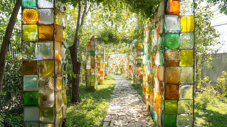 A tranquil pathway adorned with colorful glass walls, surrounded by lush greenery. This captivating outdoor design blends nature and artistry beautifully.の素材