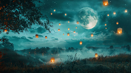 A stunning night landscape featuring glowing lanterns floating under a full moon, surrounded by mist and serene waters, creating a magical atmosphere.の素材