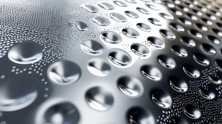 This detailed close-up showcases water droplets on a metallic surface, highlighting reflections and textures. The image emphasizes the beauty and elegance of simple natural phenomena.の素材