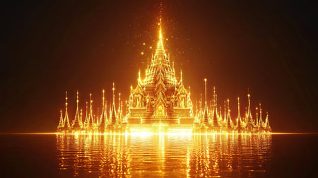 This enchanting image features a majestic golden temple illuminated against a starry sky, with its stunning reflection glimmering in calm water, evoking peace and tranquility.の素材