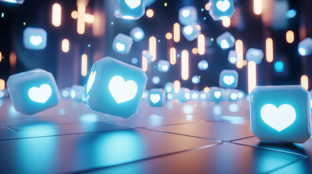 Enchanting scene of floating heart cubes glowing in a futuristic setting, perfect for conveying love, emotion, and modern technology in visual art.の素材