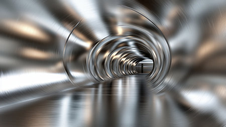 A visually striking abstract scene featuring a metal tunnel with swirling light and reflections. Ideal for exploring themes of technology and futurism.の素材