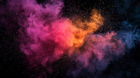 A captivating blend of purple, pink, and orange smoke clouds swirls against a black backdrop, creating an otherworldly and artistic visual experience.の素材