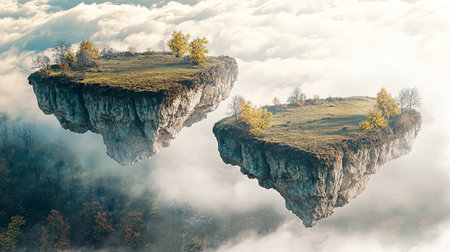 Explore two floating islands amidst a sea of soft clouds, showcasing vibrant autumn trees and rocky terrain in a serene and mystical atmosphere.の素材