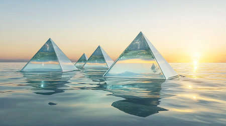 Stunning glass pyramids emerge from calm waters, reflecting the serene colors of a vibrant sunrise, creating an ethereal and tranquil scene.の素材