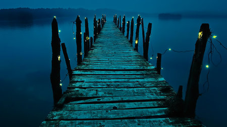 A tranquil night scene featuring a rustic wooden dock illuminated by twinkling lights, reflecting on the calm water surface, creating a serene atmosphere.の素材