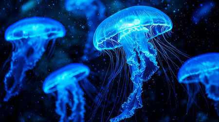 Explore the enchanting scene of glowing blue jellyfish gracefully swimming in dark ocean waters, creating a mesmerizing display of marine beauty and tranquility.の素材