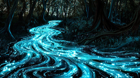 A mesmerizing view of a glowing river weaving through a dark forest, illuminating the surroundings with a serene blue light that evokes a sense of wonder.の素材