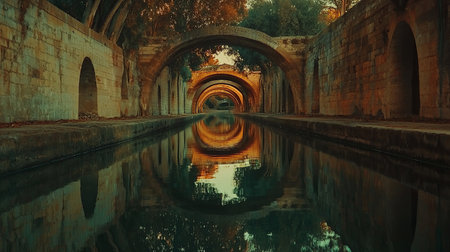 This captivating image showcases a tranquil waterway flanked by ancient archways, reflecting enchanting autumn colors and creating a serene atmosphere for viewers.の素材
