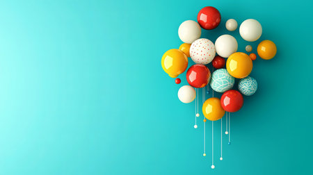 This colorful abstract design features vibrant spheres in various sizes and patterns, arranged playfully against a bright teal background, perfect for creative projects.の素材