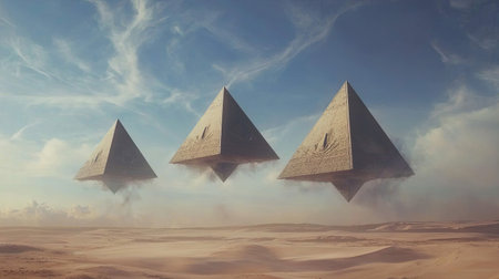 Surreal depiction of floating pyramids above a vast desert landscape, showcasing an imaginative blend of ancient structures and a clear blue sky.の素材