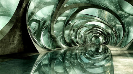 This abstract image features a futuristic tunnel with smooth reflective surfaces and dynamic light effects, creating a stunning illusionary space.の素材