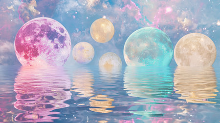 A stunning cosmic scene featuring multiple moons reflecting on tranquil water. The colorful sky and serene atmosphere evoke a sense of wonder and beauty.の素材