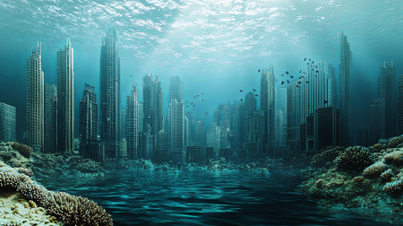 Explore a mesmerizing underwater cityscape featuring majestic skyscrapers and vibrant coral reefs, showcasing the tranquility of a submerged urban environment.の素材