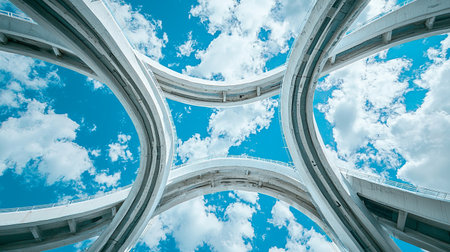 A breathtaking perspective of an urban highway intersection surrounded by a vibrant blue sky and fluffy clouds, showcasing modern architectural design.の素材