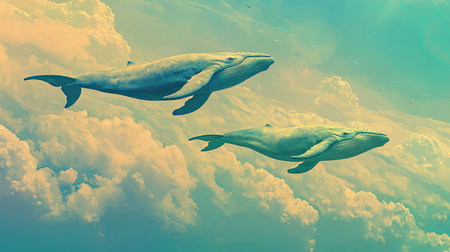 Two majestic blue whales glide gracefully through the vibrant sky, creating a stunning contrast with soft clouds. This serene scene captures the tranquility of nature.の素材