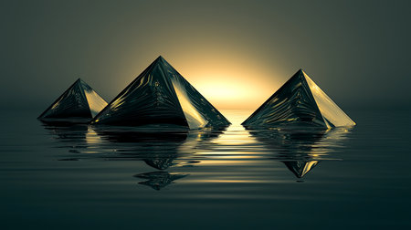 Three glossy pyramids emerge from tranquil waters, creating an alluring reflection under the soft golden light of dusk. This surreal scene blends art and nature.の素材