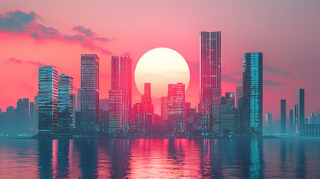 This stunning image features a vibrant city skyline at sunset, casting beautiful reflections across the calm water surface. The orange and pink hues create a dramatic and serene atmosphere.の素材