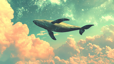 A stunning illustration of a majestic whale swimming through dreamy clouds and sparkling stars, capturing the beauty of nature and imagination in a surreal scene.の素材