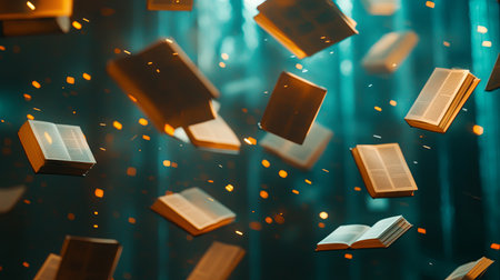 Experience the enchanting scene of open books floating in a soft light, surrounded by the ethereal beauty of a mystical forest. Perfect for evoking imagination.の素材