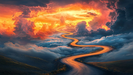 A stunning winding road navigates through majestic clouds, illuminated by a vibrant sunset. This scene captures the essence of adventure and tranquility in nature.の素材