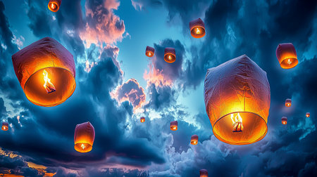 Ethereal lanterns float gracefully in a dramatic night sky filled with colorful clouds. The warm glow of flames creates a serene and magical atmosphere perfect for celebrations.の素材
