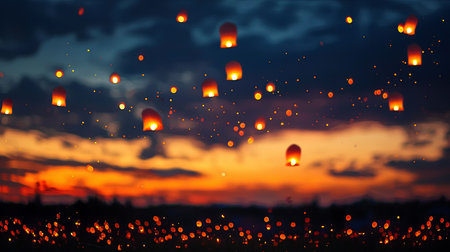 A stunning evening scene showcasing glowing lanterns floating against a colorful sunset. This enchanting display creates a magical atmosphere for celebrations.の素材