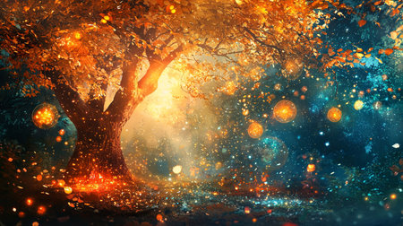 Experience the enchanting beauty of a forest adorned with glowing lights and vibrant autumn leaves. This serene landscape invites tranquility and wonder.の素材