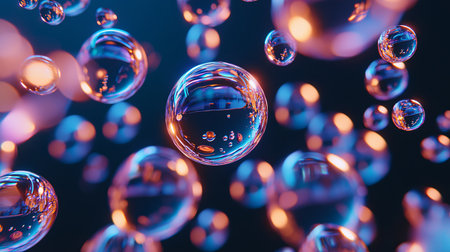 Beautiful abstract image showcasing colorful bubbles floating in a dark space. The glowing light reflections create a dreamy atmosphere, perfect for artistic projects.の素材