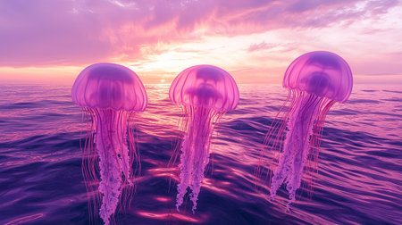 A captivating scene featuring three jellyfish gliding gracefully through the shimmering ocean at sunset, showcasing vibrant purple hues and serene waves.の素材