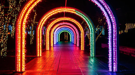 An enchanting pathway adorned with colorful neon light arches creates a magical ambiance in a dark night garden, perfect for celebrations and festivities.の素材