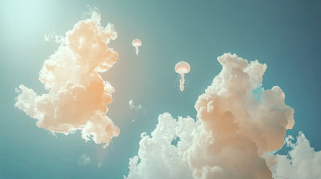 A surreal image showing jellyfish floating gracefully among soft, dreamy clouds in a bright sky. This imaginative scene evokes feelings of tranquility and wonder.の素材