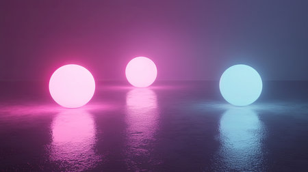 Three colorful glowing spheres in blue and pink reflect beautifully on a wet surface, creating a dreamy and artistic atmosphere perfect for modern designs.の素材