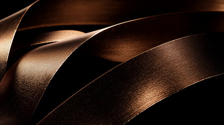 An elegant display of glossy copper ribbons gracefully curving against a dark background, showcasing their soft texture and luxurious essence.の素材