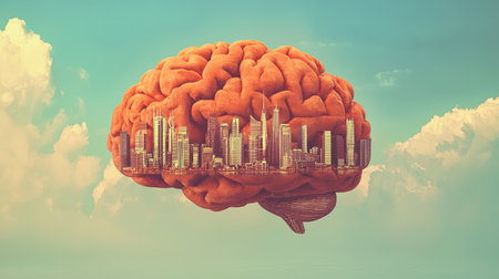 A vibrant brain imagery fused with a city skyline creates a surreal landscape, symbolizing the union of thoughts and urban development in a dreamlike setting.の素材