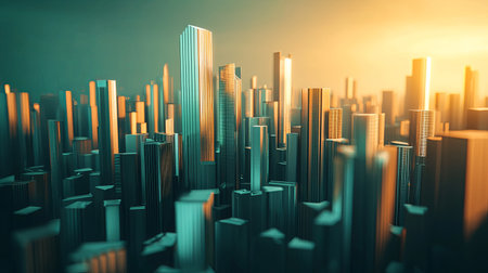 Captivating view of a futuristic city skyline at dusk, showcasing modern buildings illuminated by soft twilight reflections, creating an enchanting atmosphere.の素材