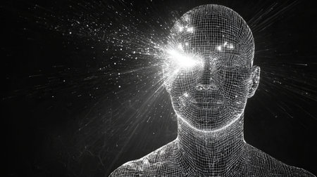 This striking image showcases a digital wireframe representation of a human head, with light effects and energy bursts, symbolizing intellect and innovation.の素材