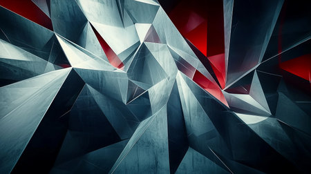 This abstract image features sharp geometric shapes in grey tones with striking red highlights, creating a dynamic visual experience perfect for modern design themes.の素材