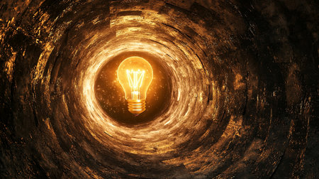 A glowing light bulb illuminates a dark circular tunnel, creating a captivating contrast. The image symbolizes creativity, innovation, and bright ideas emerging from darkness.の素材