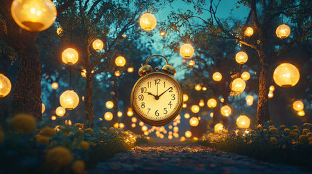 An enchanting garden scene featuring a vintage clock and glowing lanterns along a serene pathway, inviting moments of reflection and beauty in nature.の素材