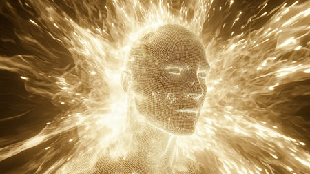 An abstract representation of a human face surrounded by luminous energy, showcasing innovative digital art and creativity in a futuristic style.の素材