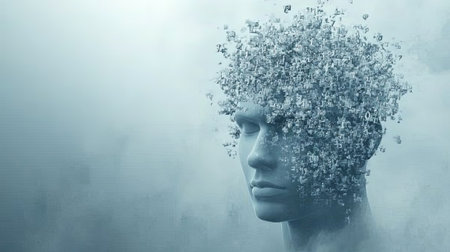 This abstract image depicts a human head with a cloud of numbers, symbolizing data and creativity. The foggy background enhances the digital theme and modern concept.の素材