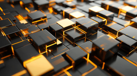 This abstract 3D background features a captivating arrangement of black and gold cube structures. The shiny geometric forms create a modern, dynamic visual experience.の素材