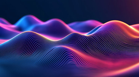 Explore vibrant digital wave patterns creating a futuristic atmosphere. This captivating abstract design features smooth gradients and dynamic colors, perfect for technology-inspired projects.の素材