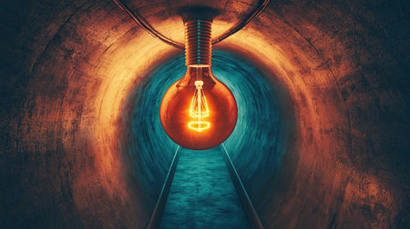 A captivating view of a warm light bulb hanging in a dark tunnel, creating a surreal atmosphere with striking colors and intriguing shadows.の素材
