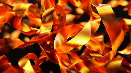 This captivating image showcases vibrant orange and yellow ribbons flowing gracefully against a dark background, creating a sense of movement and energy.の素材